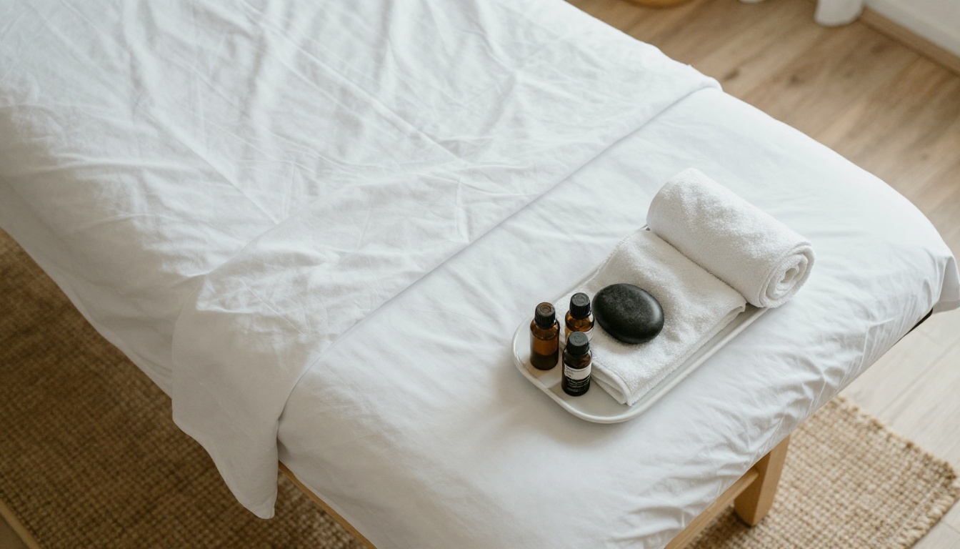Overhead view of a prepared massage table with oils and hot stones
