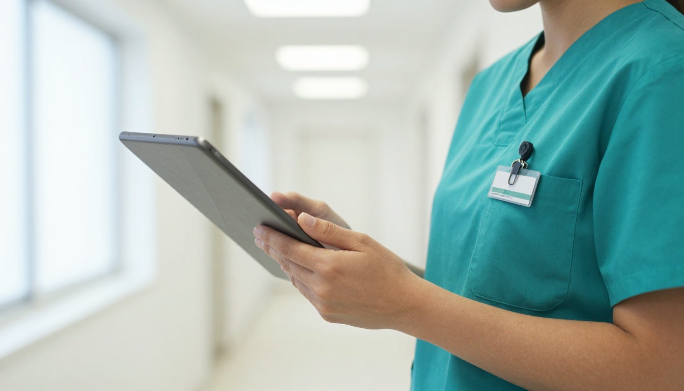 Clinic staff member in teal scrubs holding a tablet with a uniform catalog