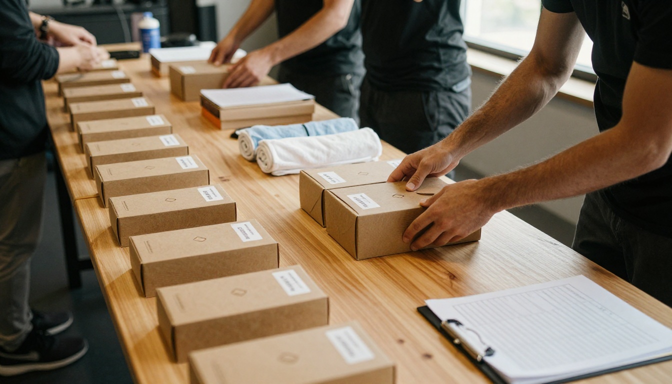 Staff assembling welcome boxes in rows on a long table