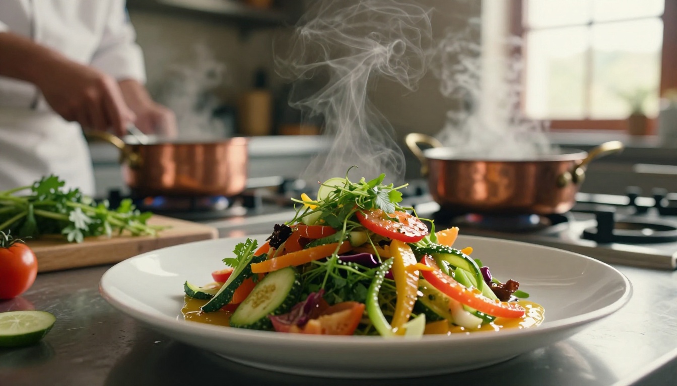 Chef plating a plant-based meal in an open retreat kitchen