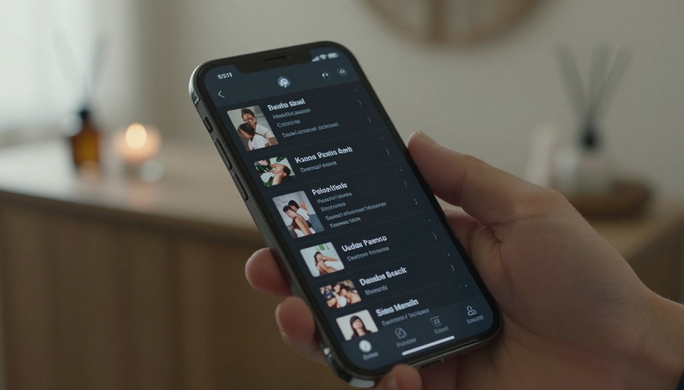 Smartphone showing a digital page-flip massage menu with a candle blurred behind