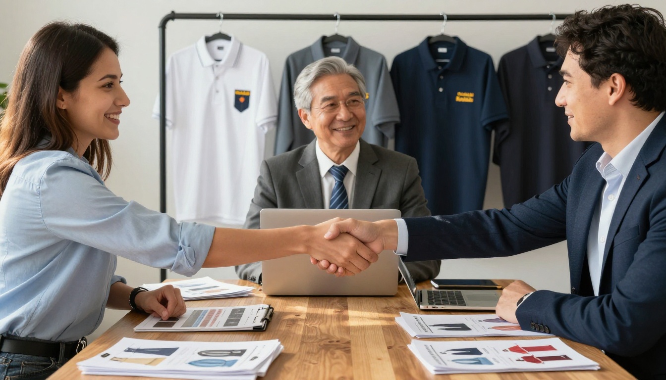 Business owners shaking hands over a table with printed workwear catalogs and a laptop