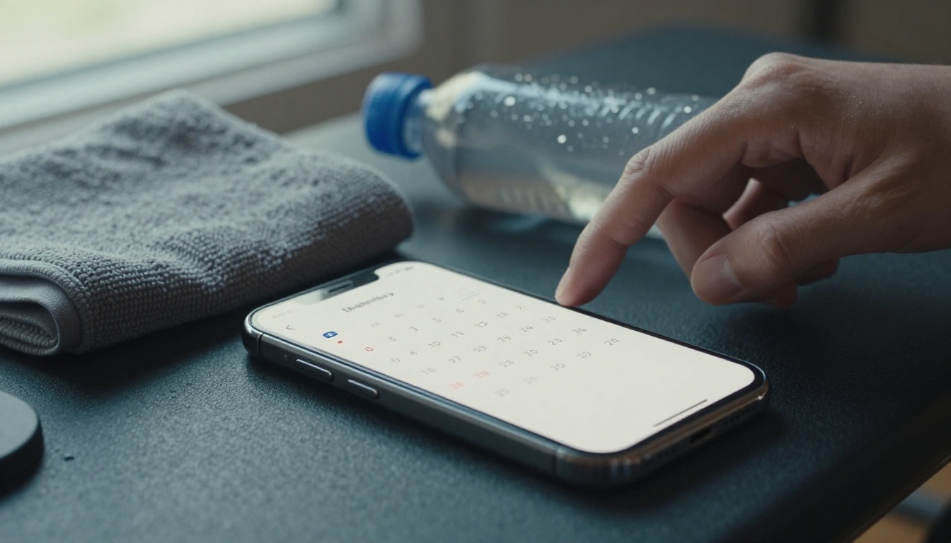 A phone reminder on a gym bench next to a towel and bottle