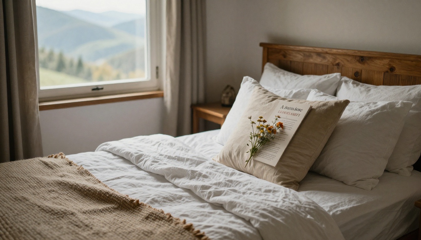 Cozy retreat guest room with linen bed and mountain view