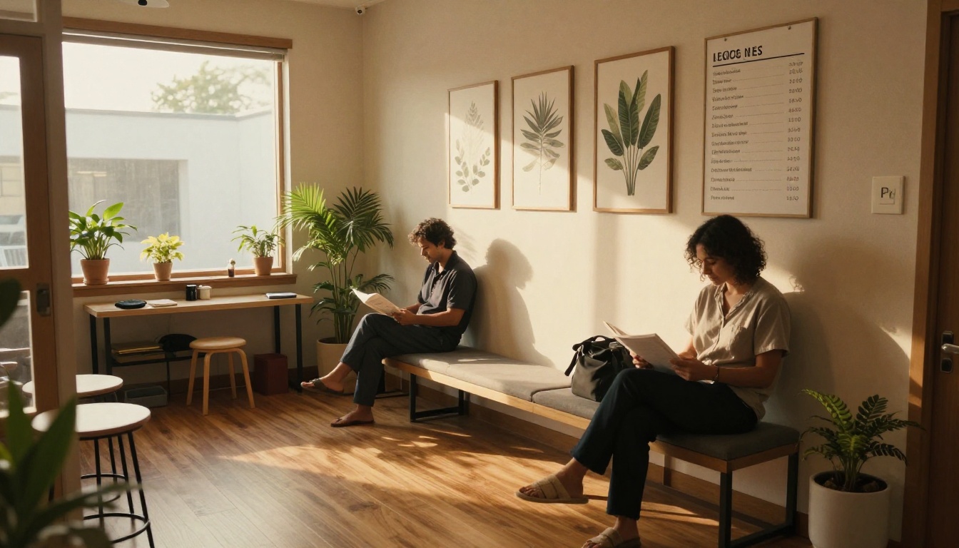 Wide view of a clinic waiting area with a wall menu board and a client reading it