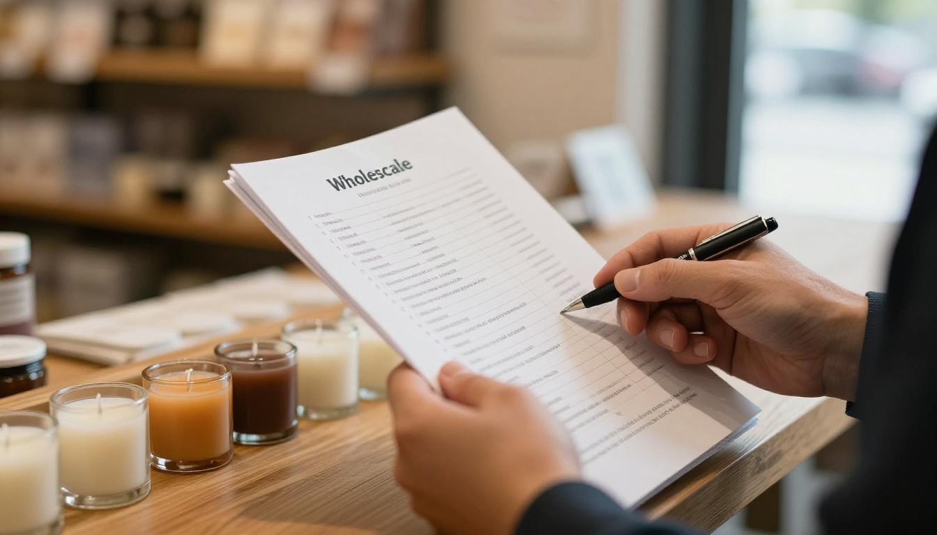Hands flipping through a printed wholesale candle line sheet on a wooden counter