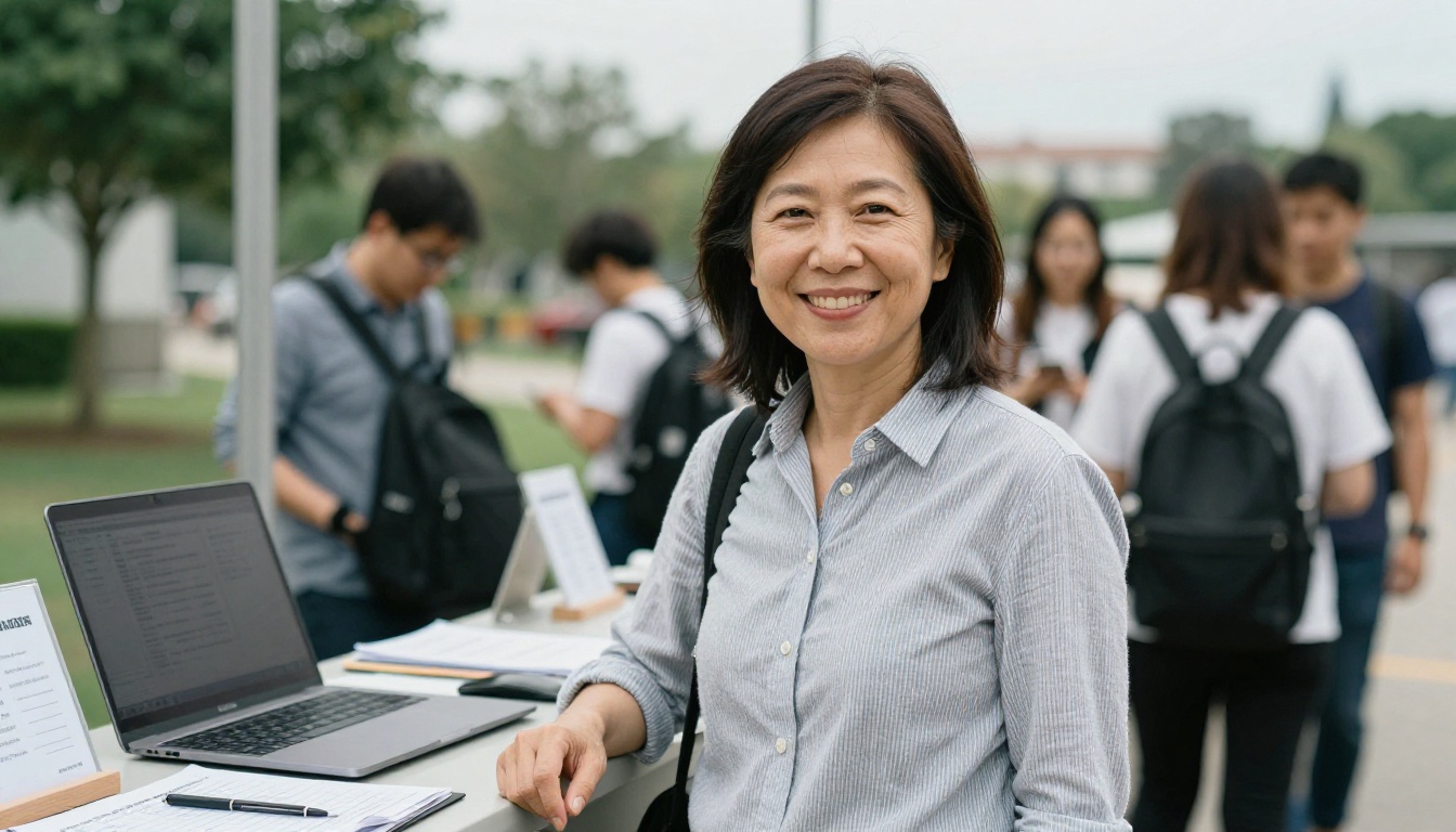 Retreat host smiling at a welcome table with arriving guests