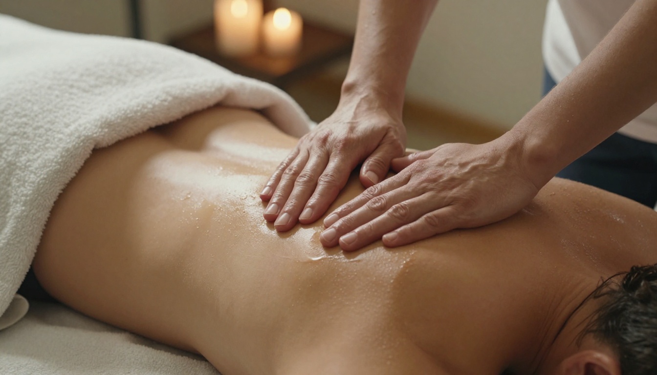 Therapist hands working on a client's shoulder with warm light and soft towel