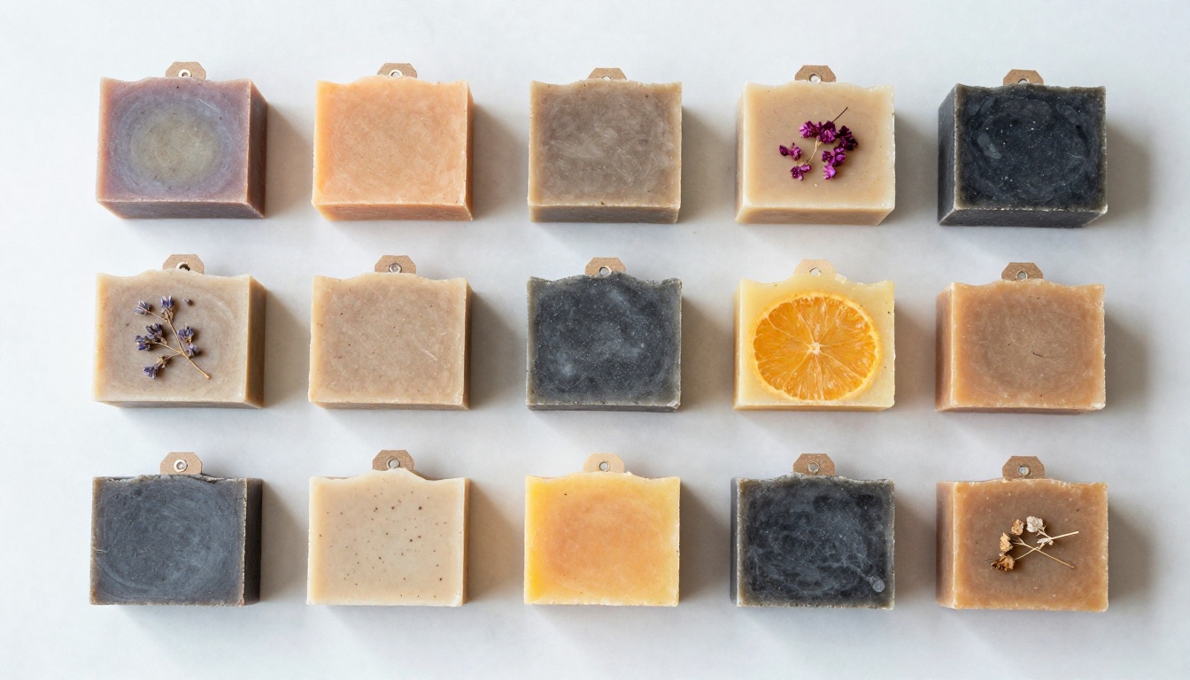 Artisan soap bars arranged in a neat grid on white marble