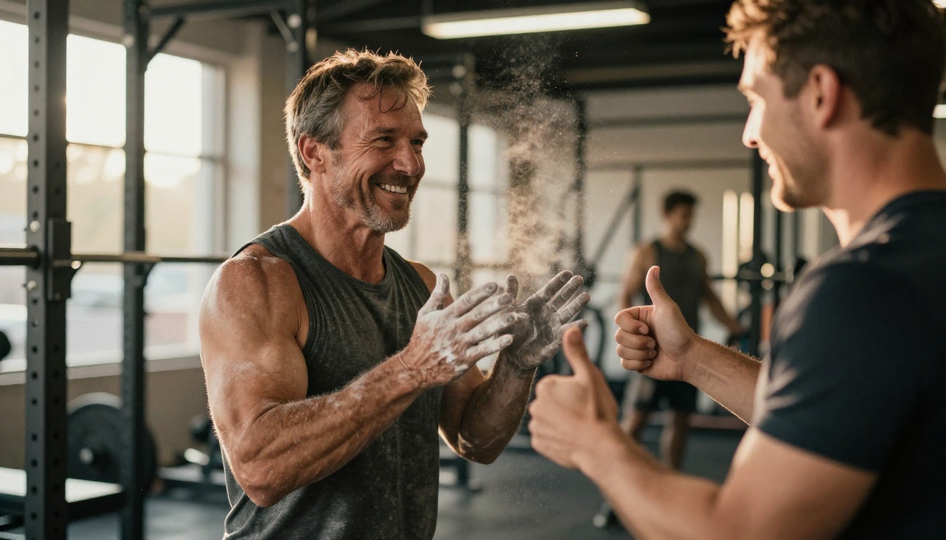 A proud member finishing a deadlift beside a smiling coach
