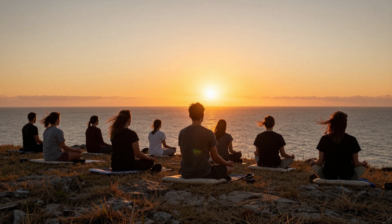 Guests meditating at sunset on a coastal cliff