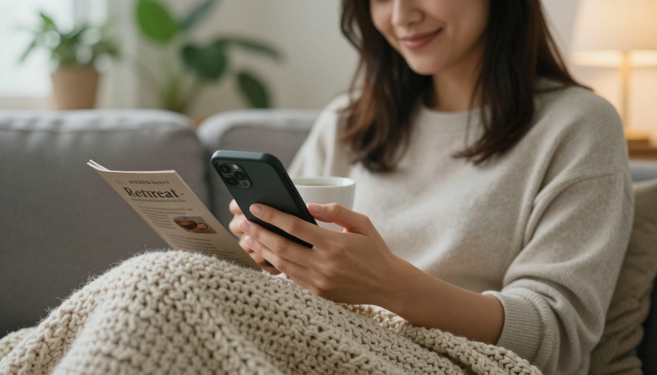 Woman reading a retreat program on her phone on a sofa