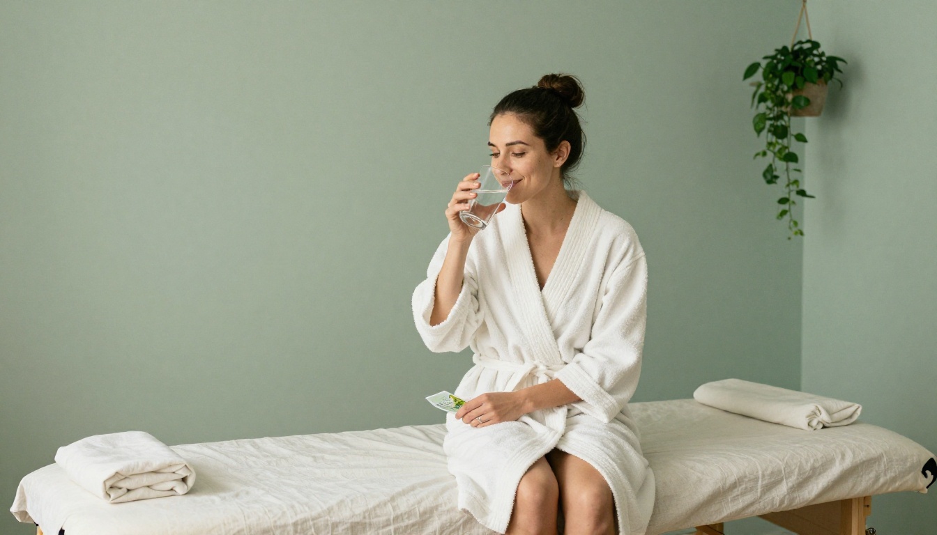 Relaxed client smiling on a massage table after a session in a sage green room