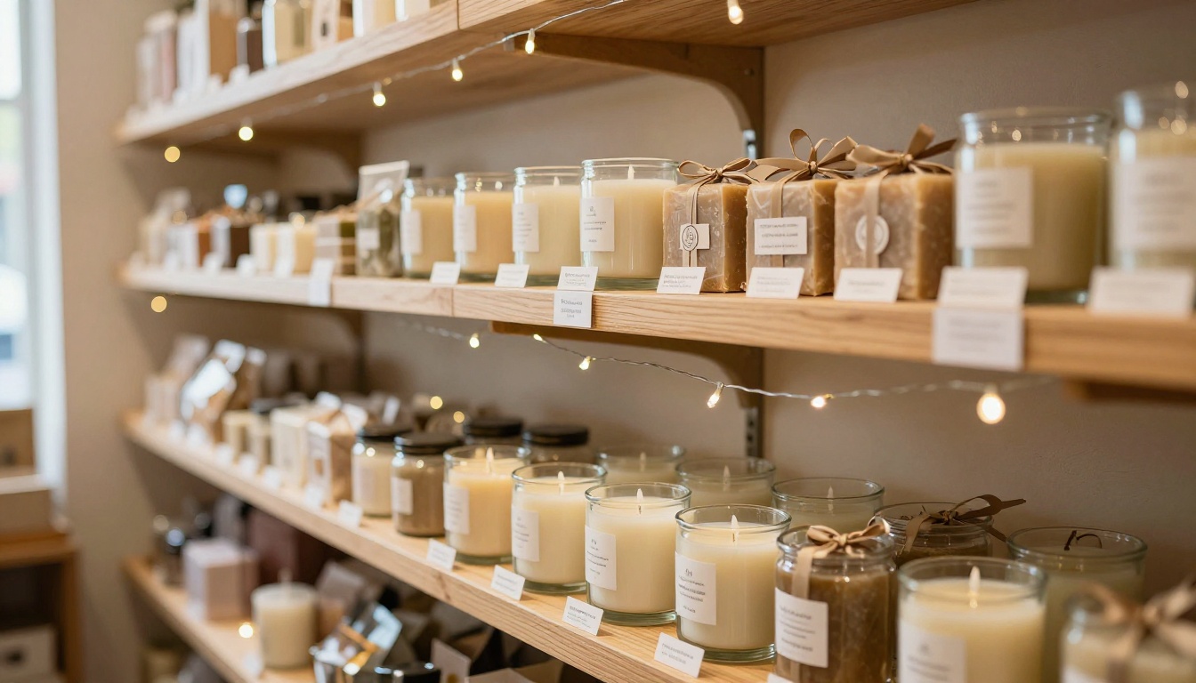 Cozy gift shop shelf displaying candles and wrapped soaps with small tags