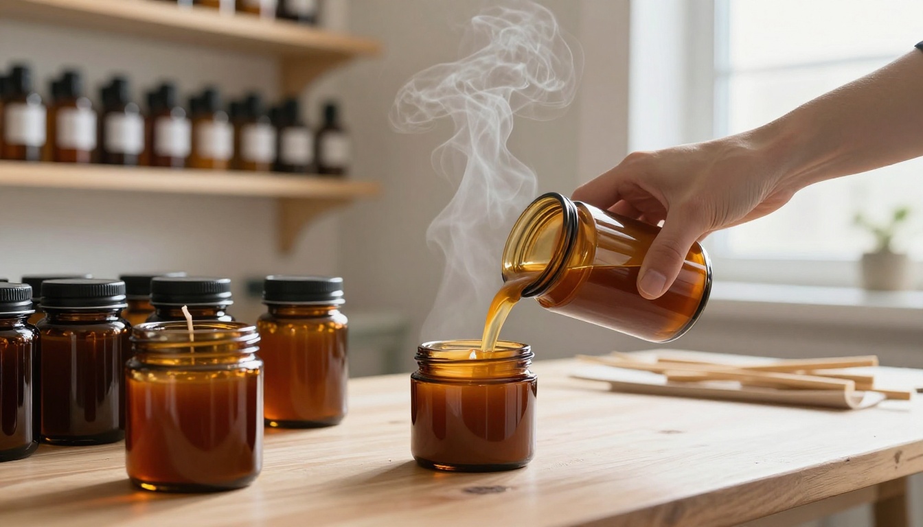 Candle maker pouring soy wax into amber jars in a small workshop