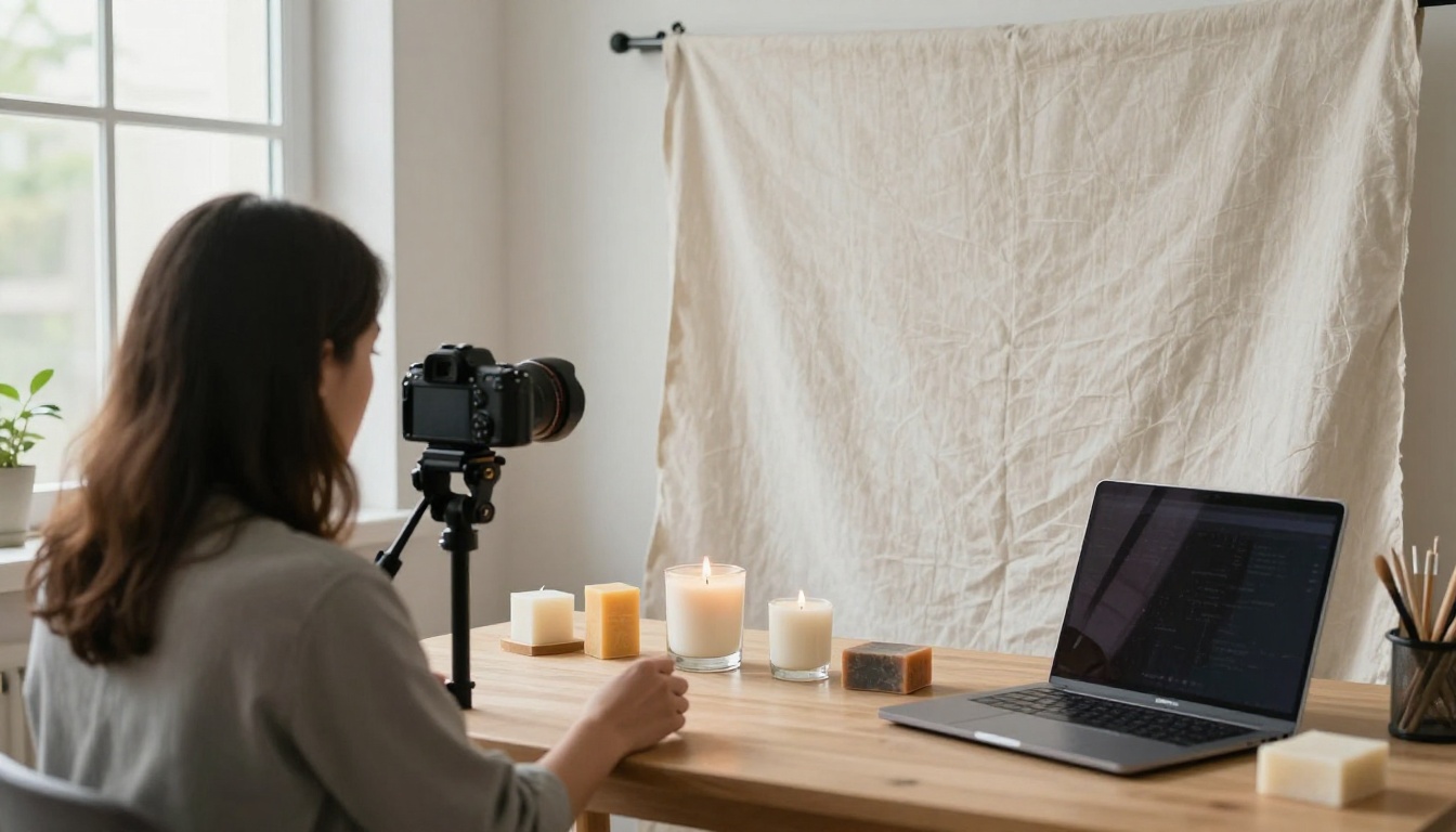 Small business owner photographing a candle against a linen backdrop