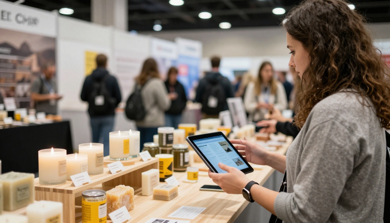 Craft trade show booth with a buyer viewing a digital catalog on a tablet