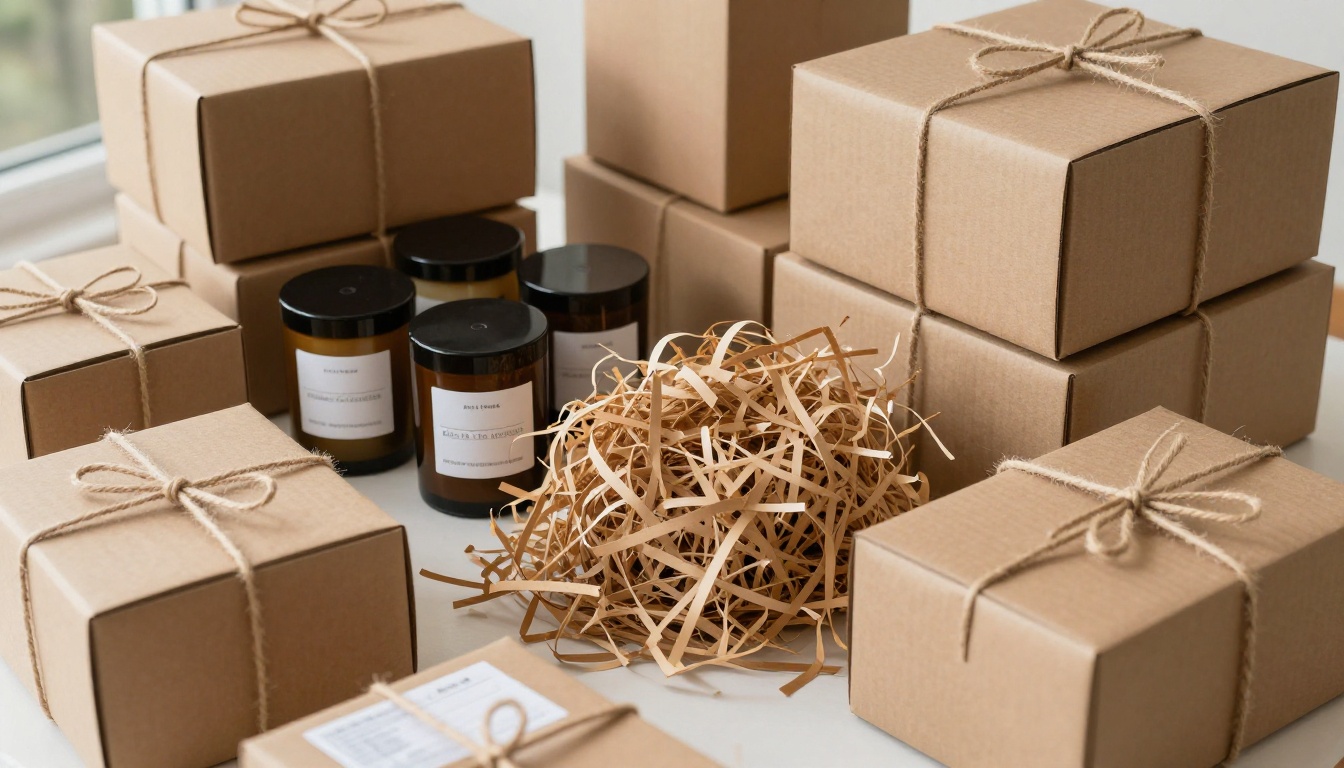 Wholesale order of candles and soaps being packed with kraft paper