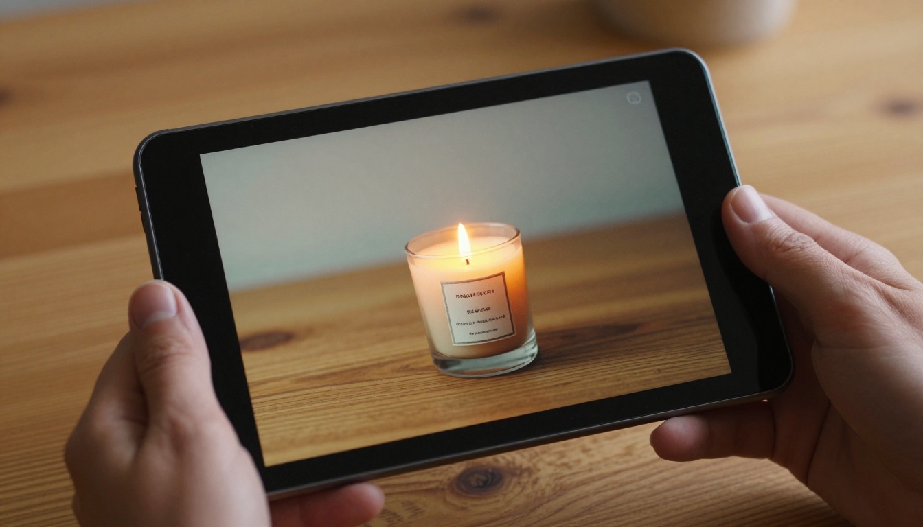 Tablet showing a page-turning digital flipbook of candle products
