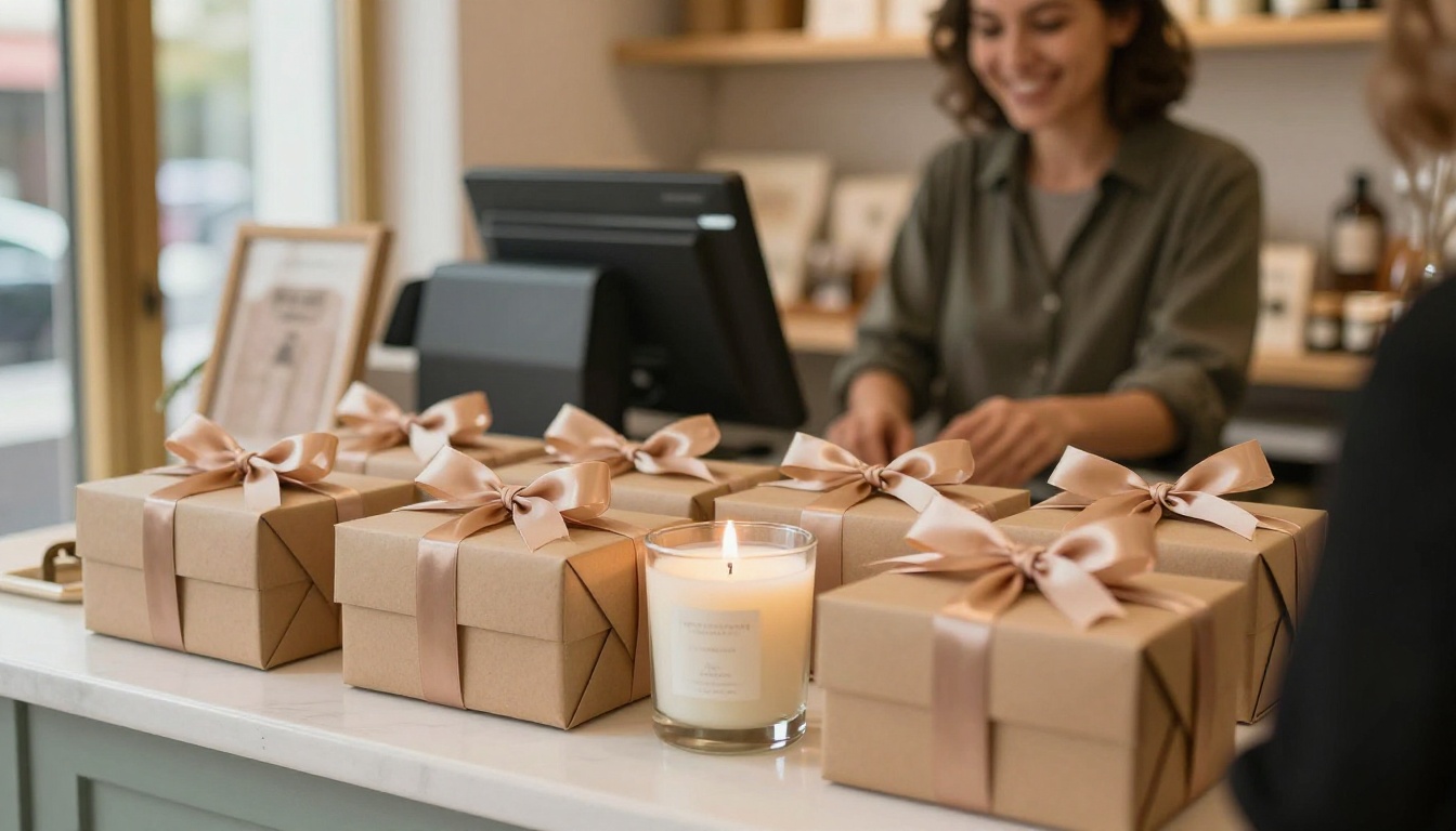 Candle and soap gift set tied with ribbon on a boutique counter