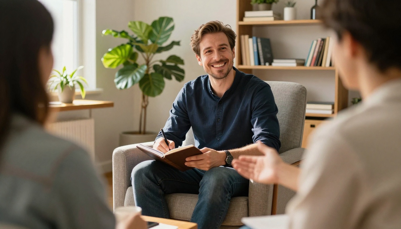 A coach greeting a client with a warm smile in a bright office A coach greeting a client with a warm smile in a bright office