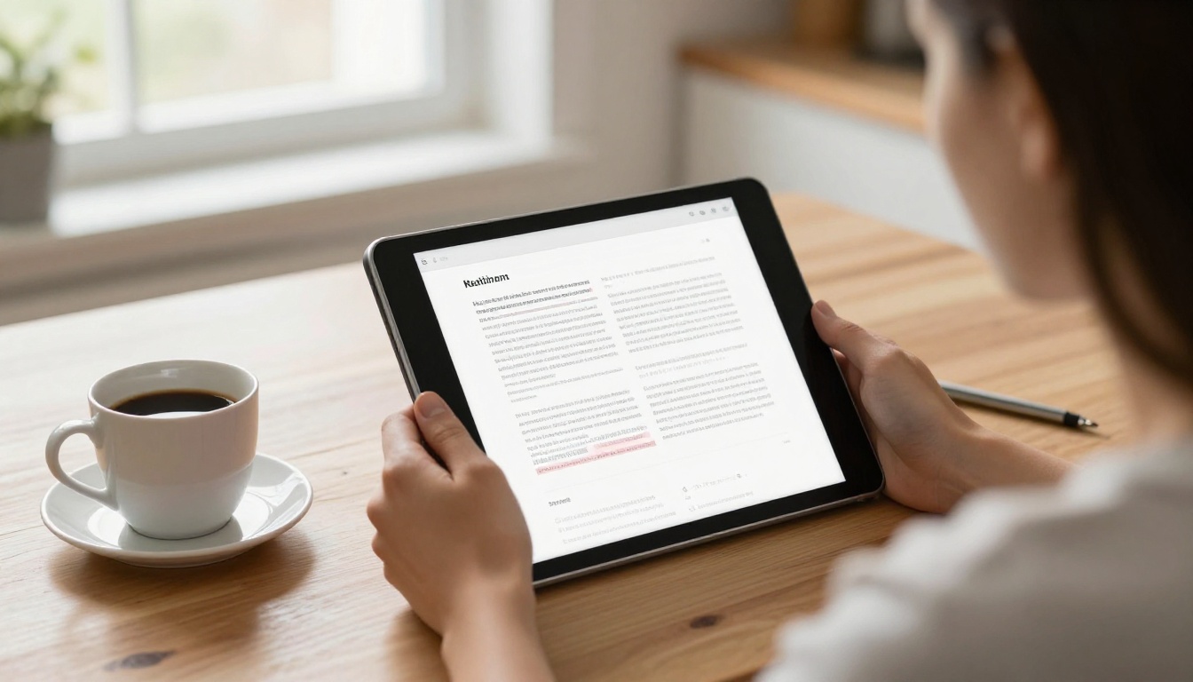 A client reading a digital booklet on a tablet at a kitchen table A client reading a digital booklet on a tablet at a kitchen table