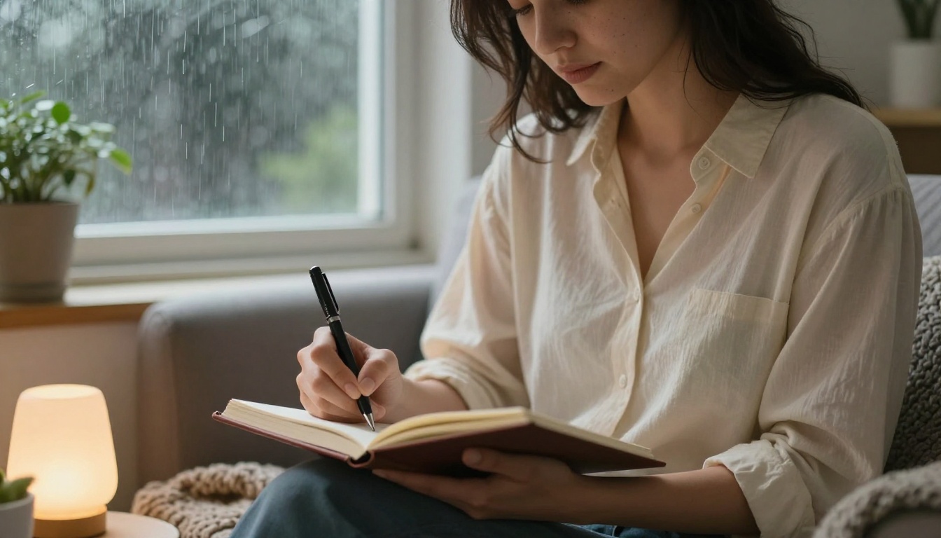 A woman journaling on a sofa on a rainy morning A woman journaling on a sofa on a rainy morning