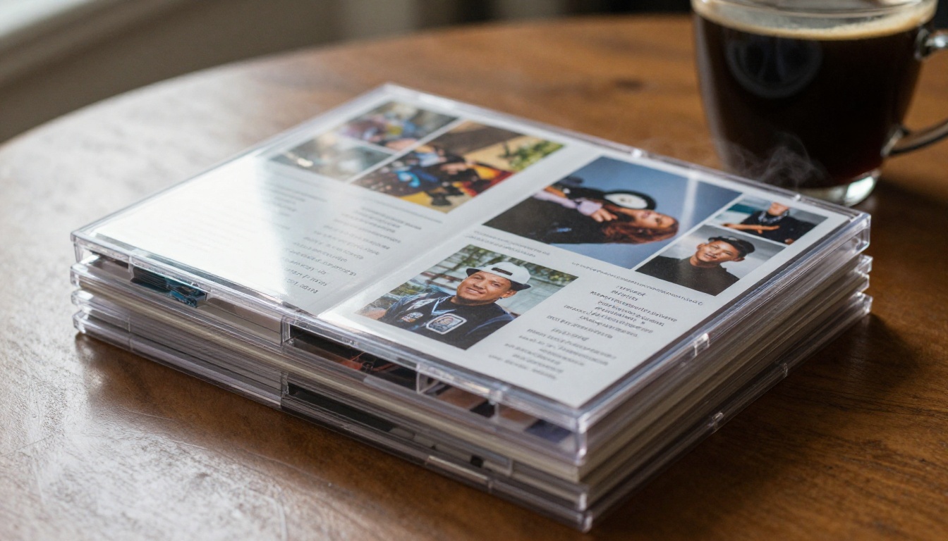 A stack of CD jewel cases with booklets fanned open on a table A stack of CD jewel cases with booklets fanned open on a table
