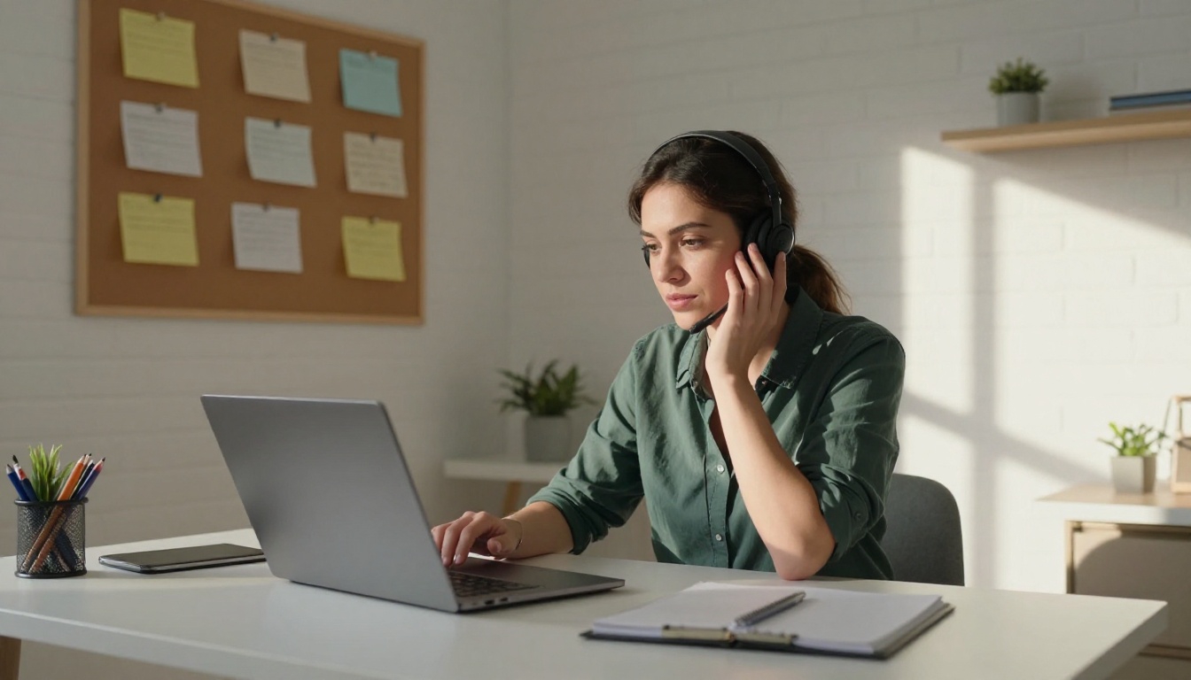 A coach on a video call in a bright home office A coach on a video call in a bright home office