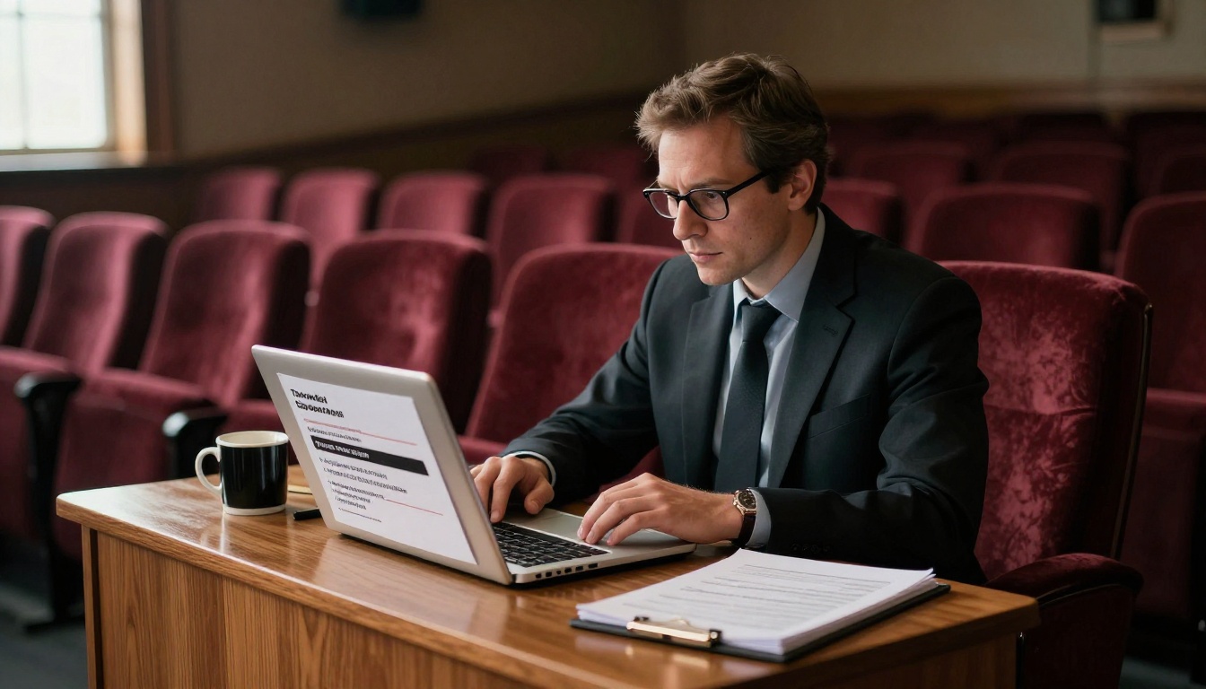 Theater manager planning sponsor ad sales at a wooden desk Theater manager planning sponsor ad sales at a wooden desk