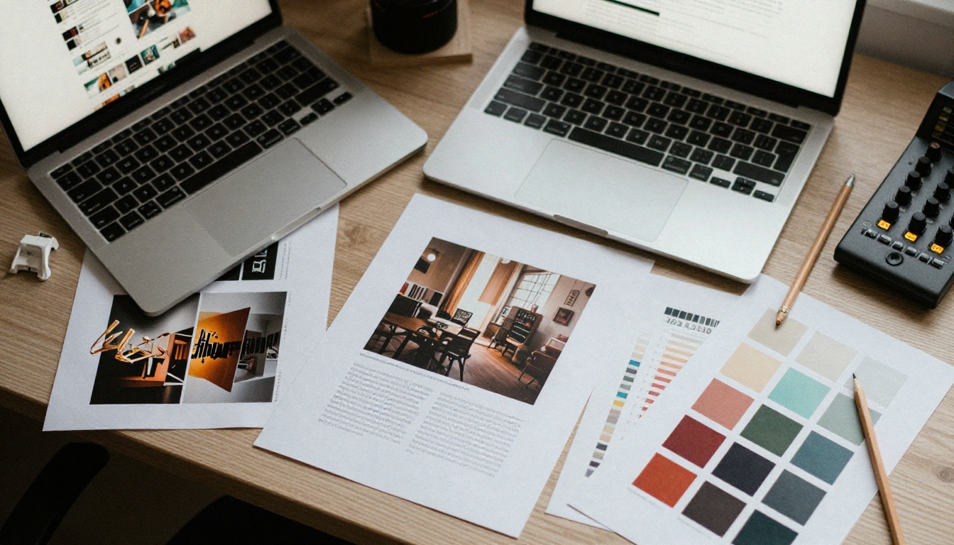 Designer desk seen from above with album layout proofs Designer desk seen from above with album layout proofs