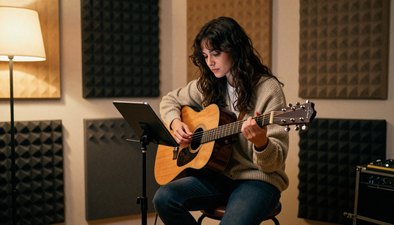Singer-songwriter on a stool in a studio reviewing lyrics on a tablet Singer-songwriter on a stool in a studio reviewing lyrics on a tablet