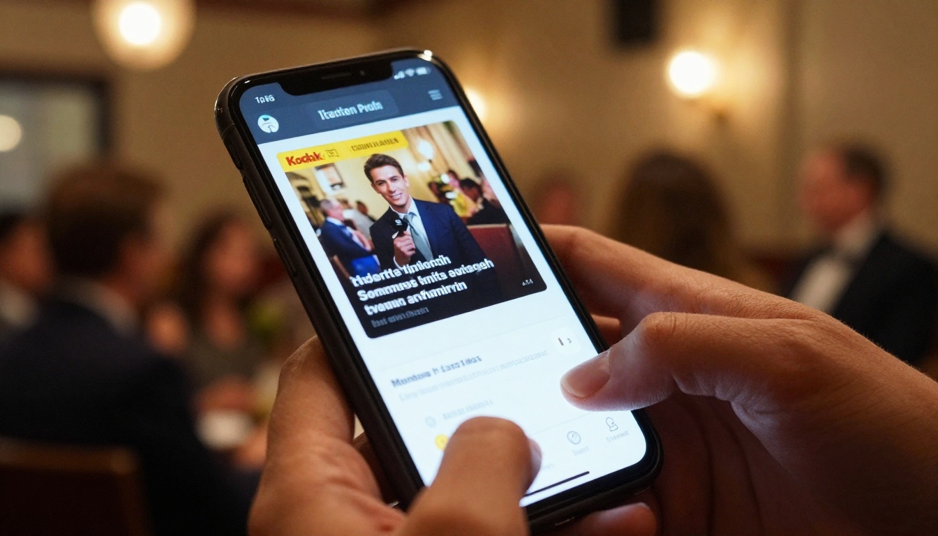 Hands holding a phone showing a digital theater program with a sponsor ad Hands holding a phone showing a digital theater program with a sponsor ad