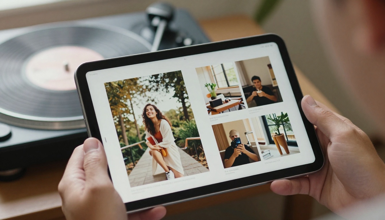 Tablet held in two hands showing an open two page booklet Tablet held in two hands showing an open two page booklet
