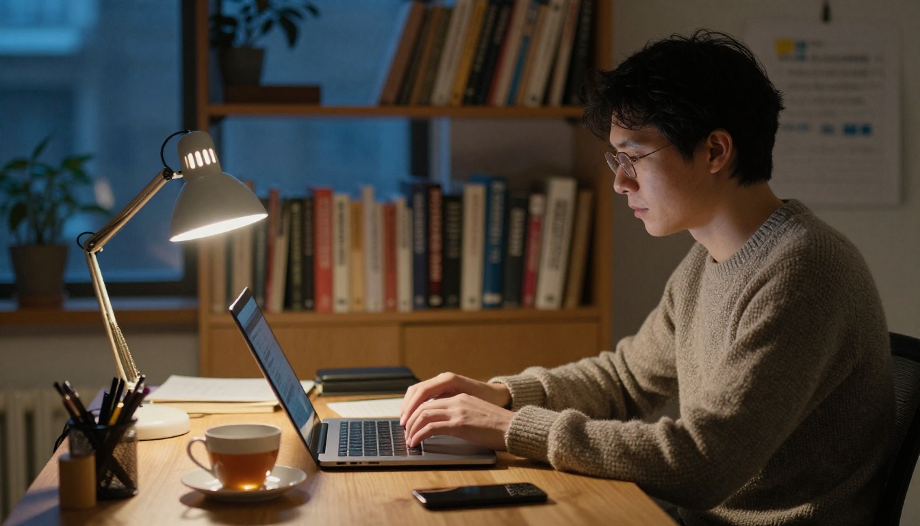 A coach working at a standing desk with tea at dusk A coach working at a standing desk with tea at dusk