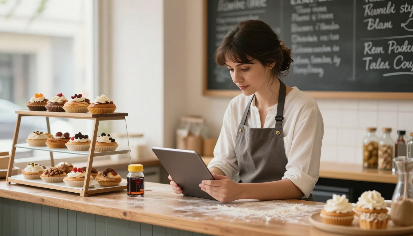 Bakery owner reviewing a sponsor ad proof on a tablet at her counter Bakery owner reviewing a sponsor ad proof on a tablet at her counter