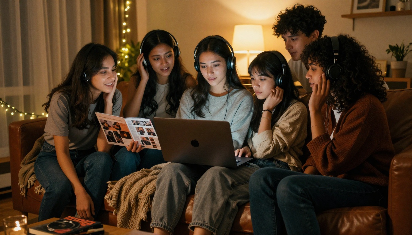 Friends on a sofa sharing a laptop screen with an album booklet Friends on a sofa sharing a laptop screen with an album booklet
