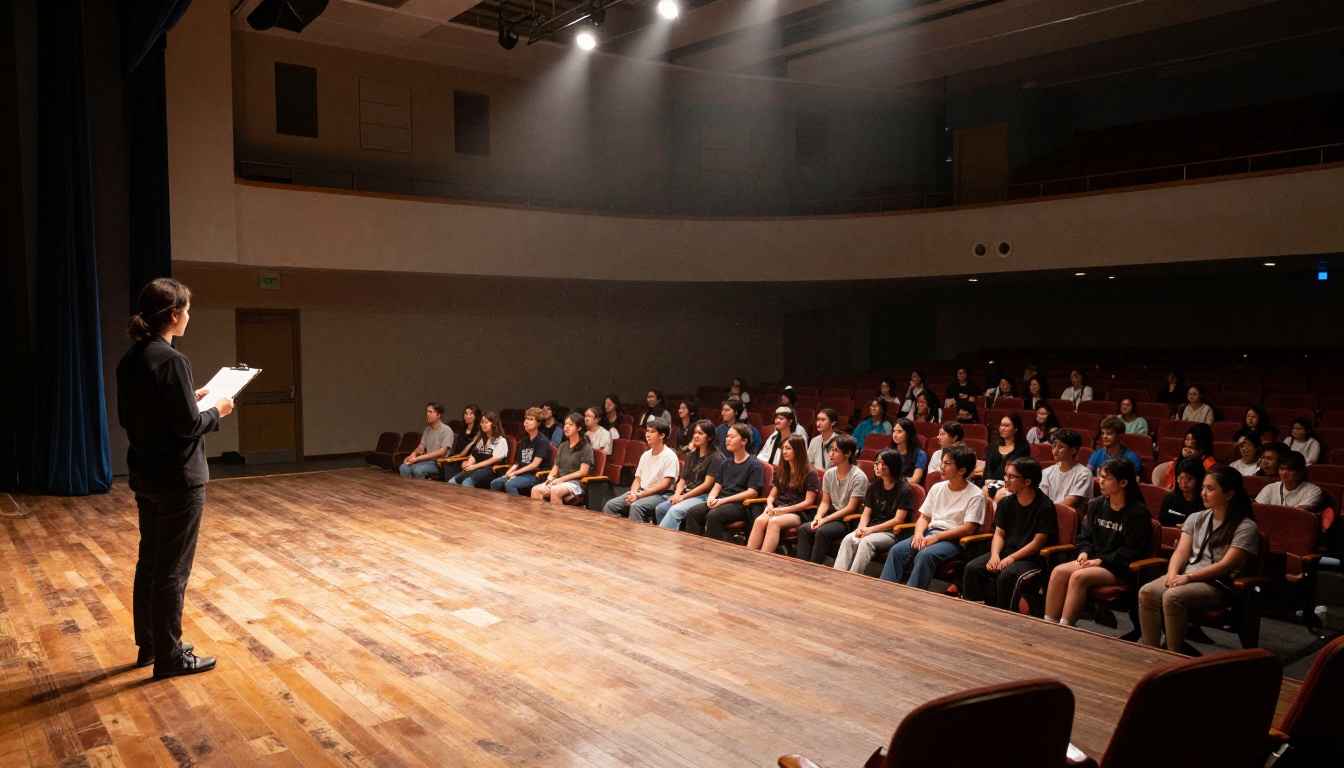 Student cast rehearsing on a school auditorium stage Student cast rehearsing on a school auditorium stage
