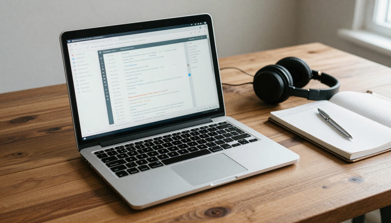 Laptop showing an analytics dashboard beside notes and headphones Laptop showing an analytics dashboard beside notes and headphones