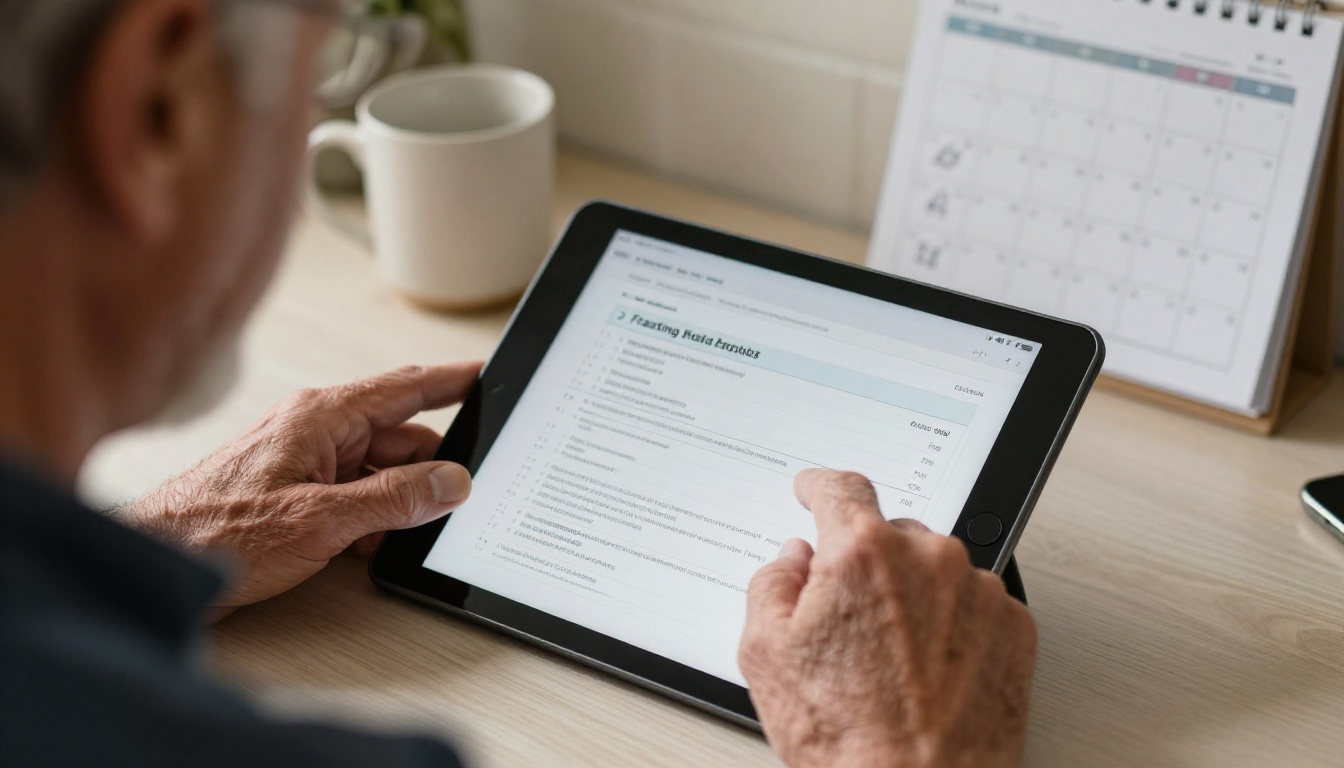 Elderly man reading a fasting checklist on a tablet at his kitchen table