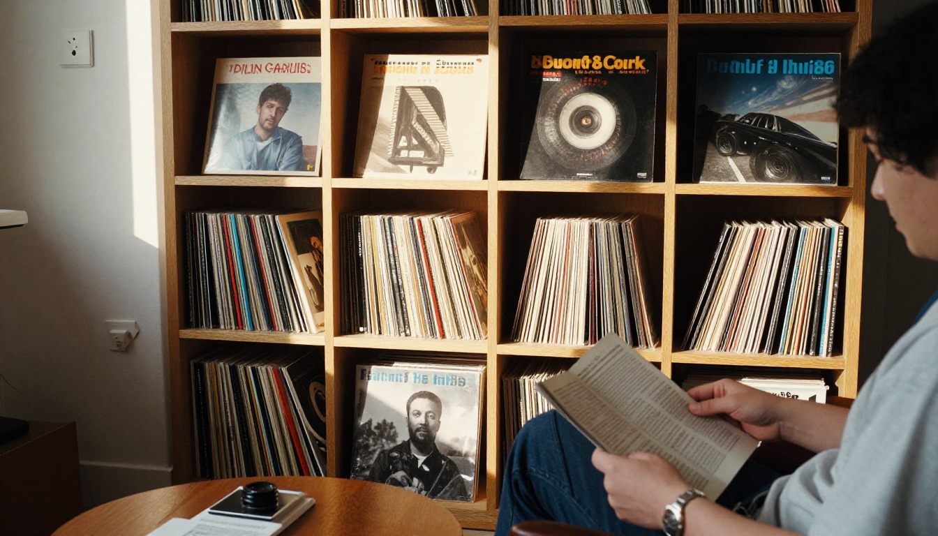 Record collector shelf wall with a person flipping through a printed booklet Record collector shelf wall with a person flipping through a printed booklet