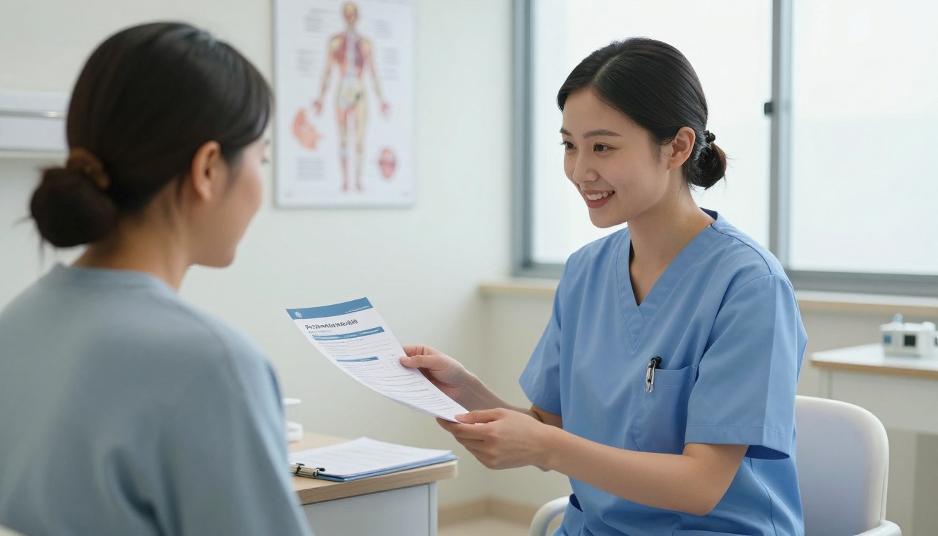 Nurse handing a printed booklet to a seated patient in a bright clinic room