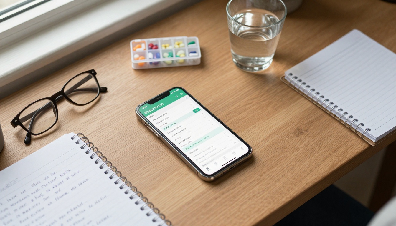 Medication schedule on a phone beside a pill organizer and a glass of water