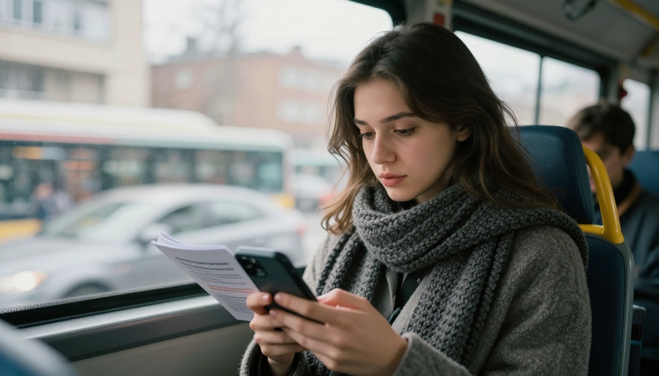 Young woman reading a mobile-friendly booklet on a city bus