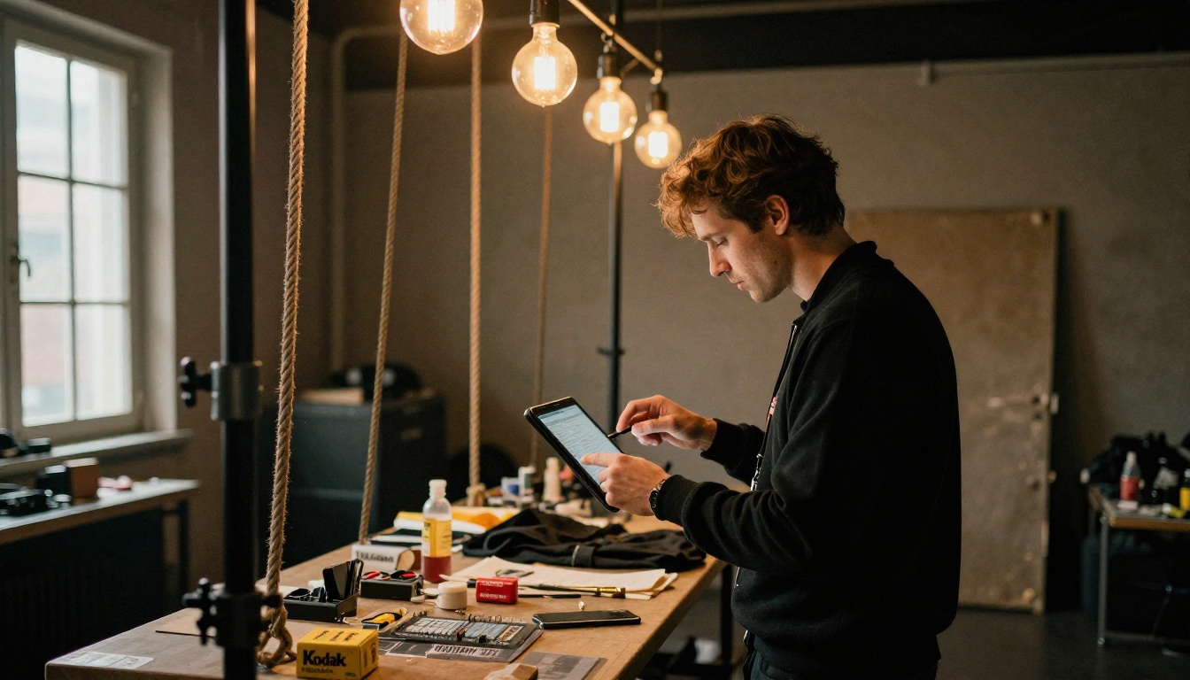 Stage manager checking a tablet backstage beside costume racks Stage manager checking a tablet backstage beside costume racks