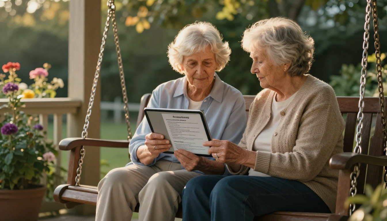 Daughter and elderly mother sharing a tablet showing a pre-op booklet