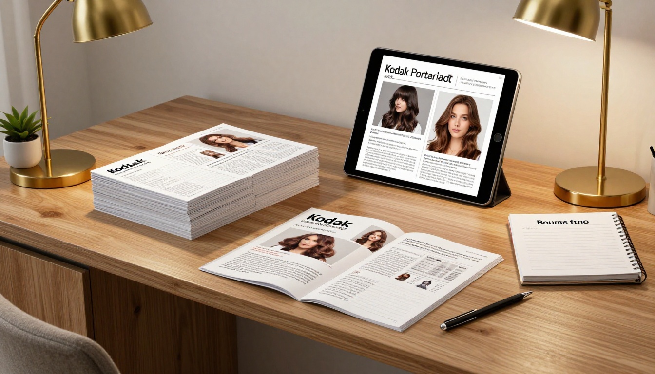 Printed and digital catalog side by side on a salon desk Printed and digital catalog side by side on a salon desk