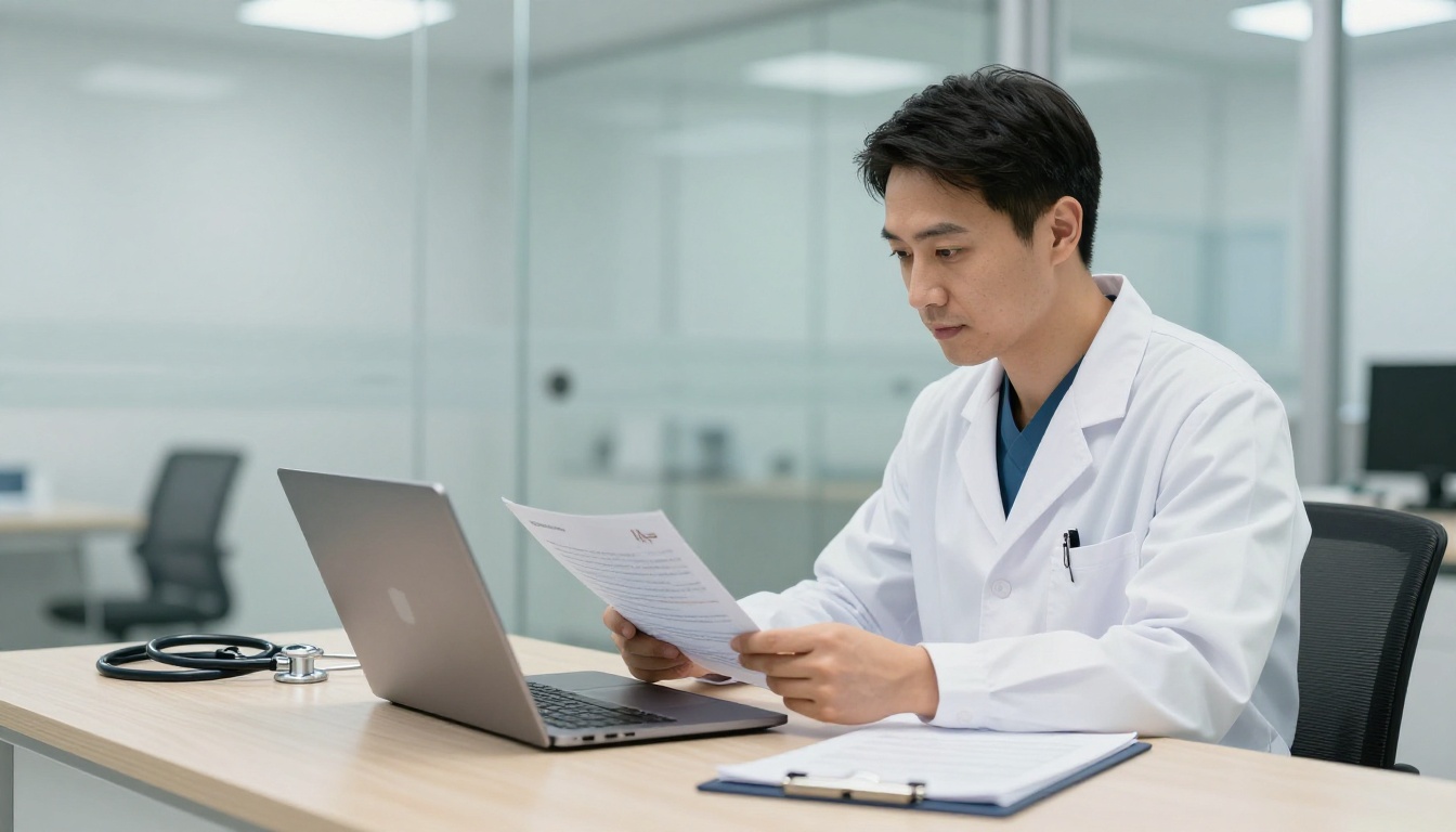 Surgeon and clinic administrator reviewing a booklet on a laptop