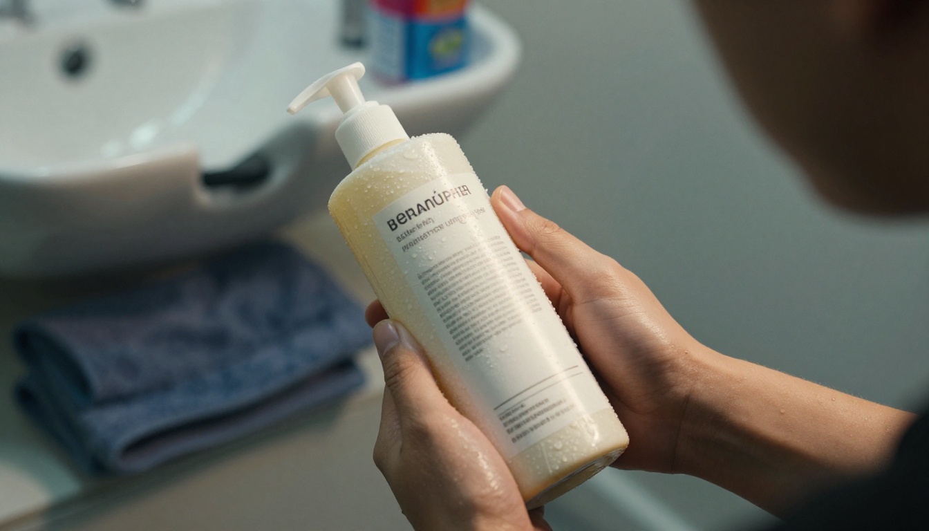 Stylist reading the label of a professional conditioner Stylist reading the label of a professional conditioner