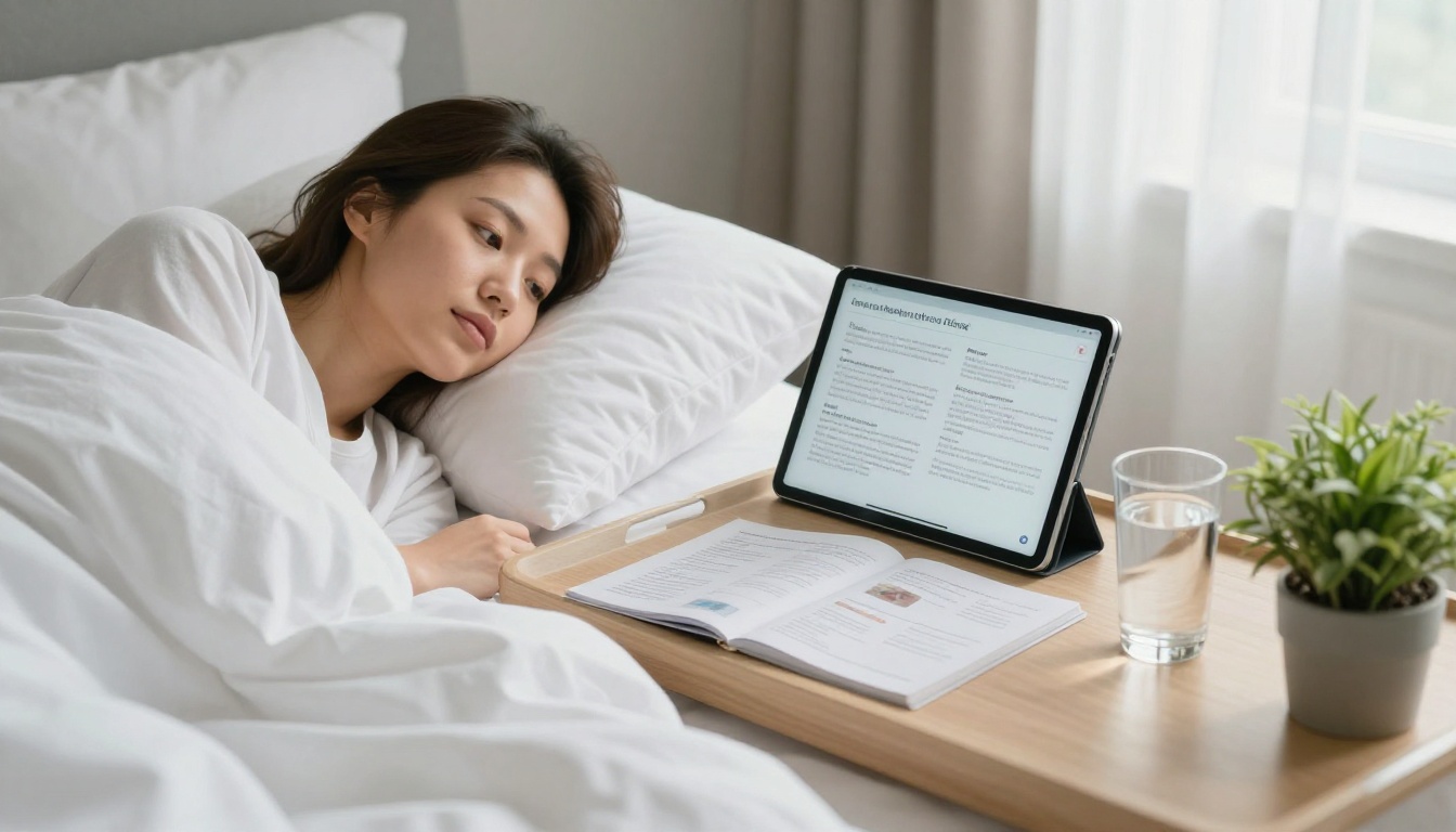 Woman resting in bed with a tablet showing an aftercare booklet